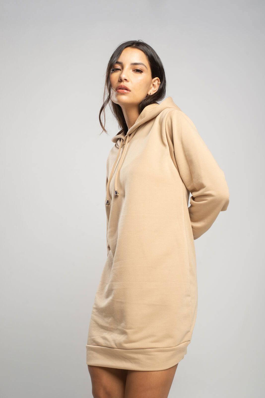 Vestido Blusão Com Capuz Manga Longa Bege - Vicbela