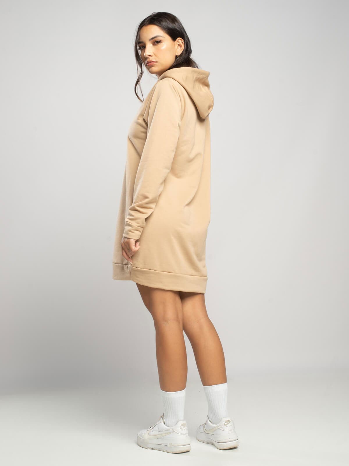 Vestido Blusão Com Capuz Manga Longa Bege - Vicbela