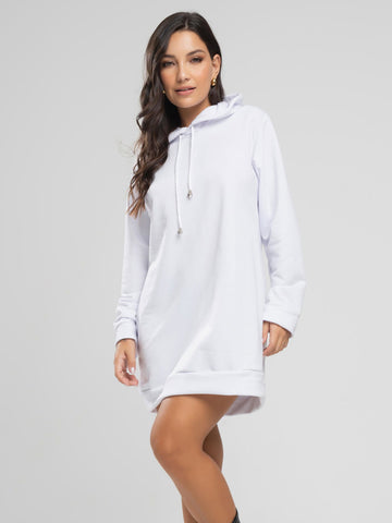 Vestido Blusão Com Capuz Manga Longa Branco - Vicbela