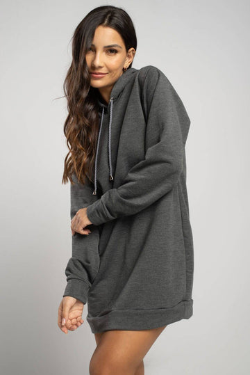 Vestido Blusão Com Capuz Manga Longa Grafite - Vicbela