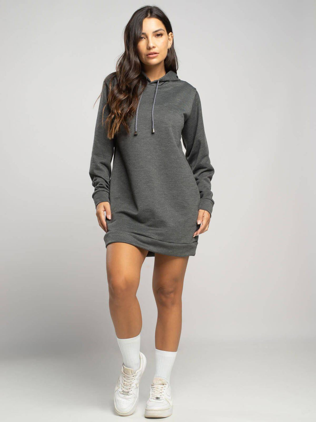 Vestido Blusão Com Capuz Manga Longa Grafite - Vicbela