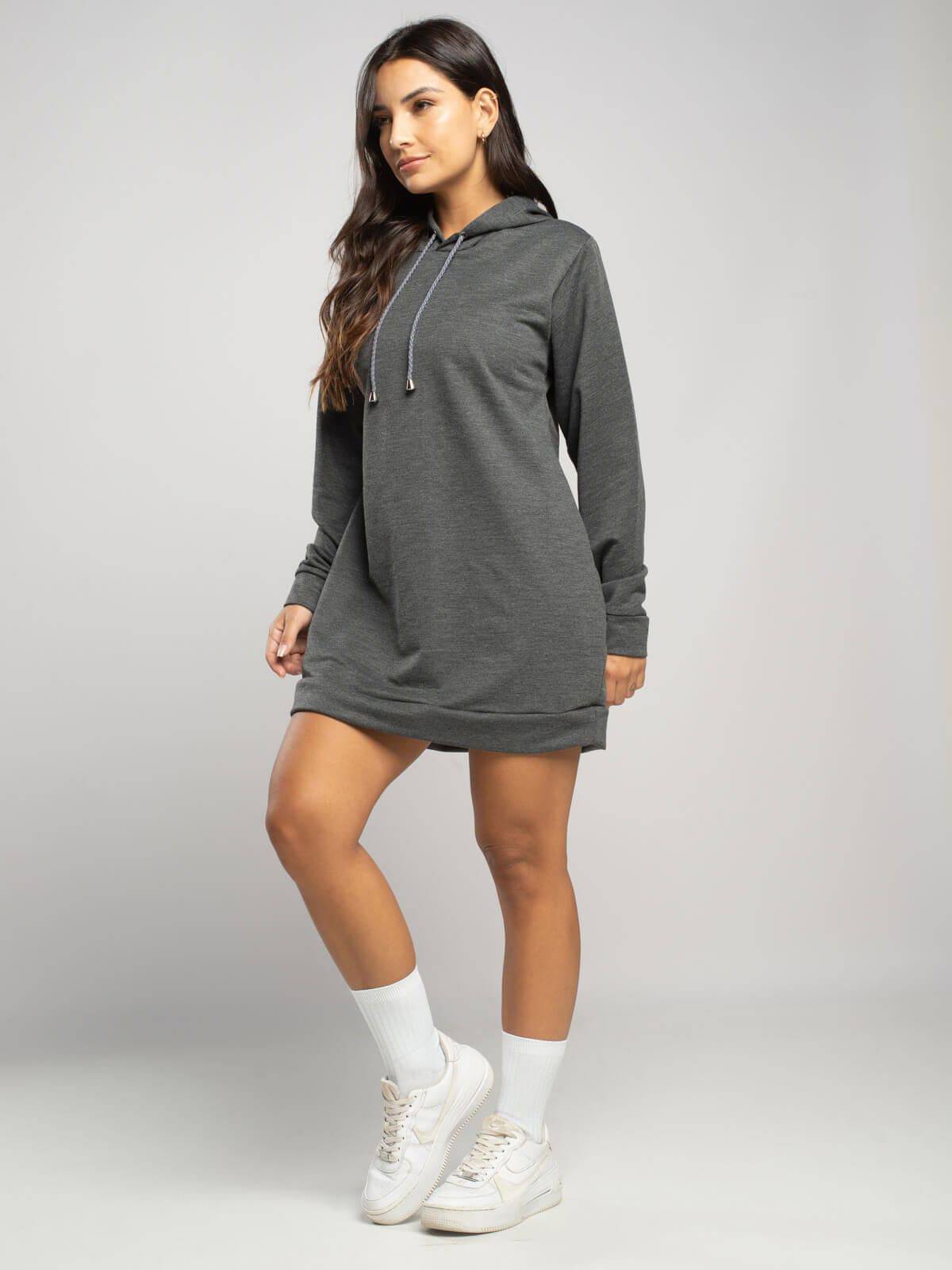 Vestido Blusão Com Capuz Manga Longa Grafite - Vicbela
