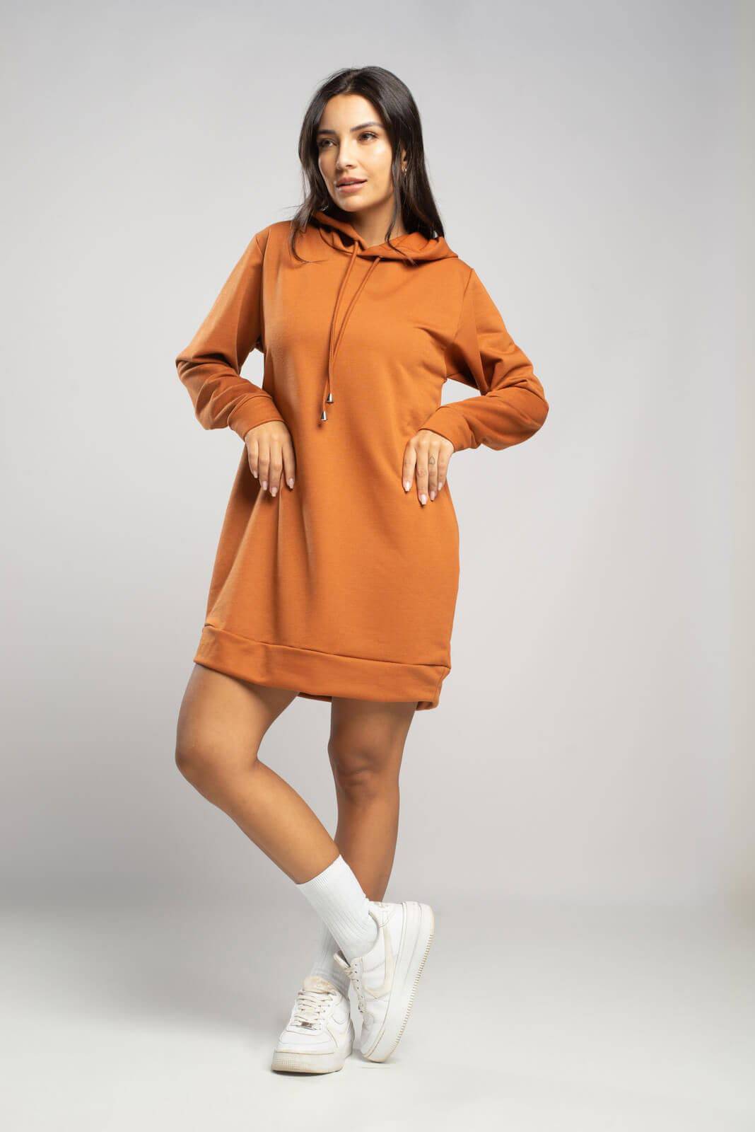 Vestido Blusão Com Capuz Manga Longa Terracota - Vicbela