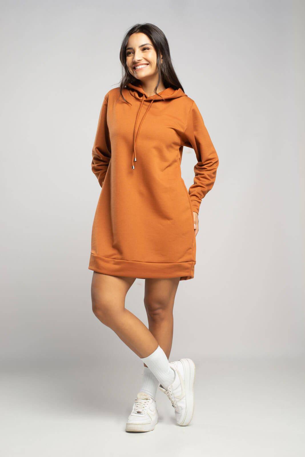 Vestido Blusão Com Capuz Manga Longa Terracota - Vicbela