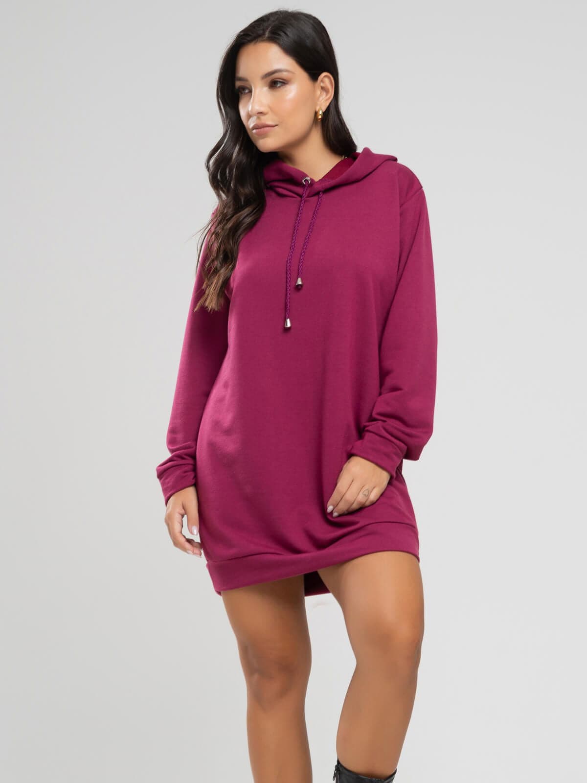 Vestido Blusão Com Capuz Manga Longa Vinho - Vicbela
