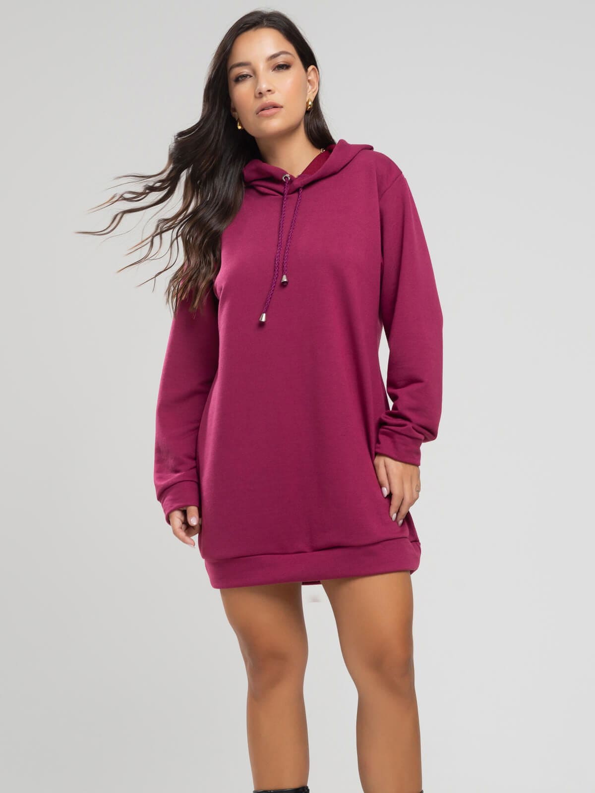 Vestido Blusão Com Capuz Manga Longa Vinho - Vicbela