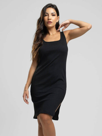 Vestido Midi Alça Regata Canelado Decote na Perna Preto - Vicbela