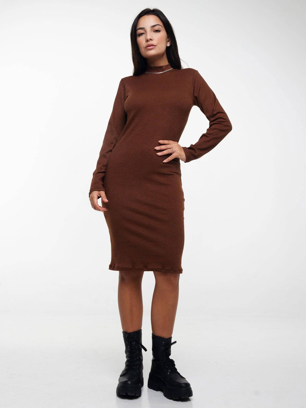 Vestido Midi Manga Longa Gola Alta Marrom - Vicbela
