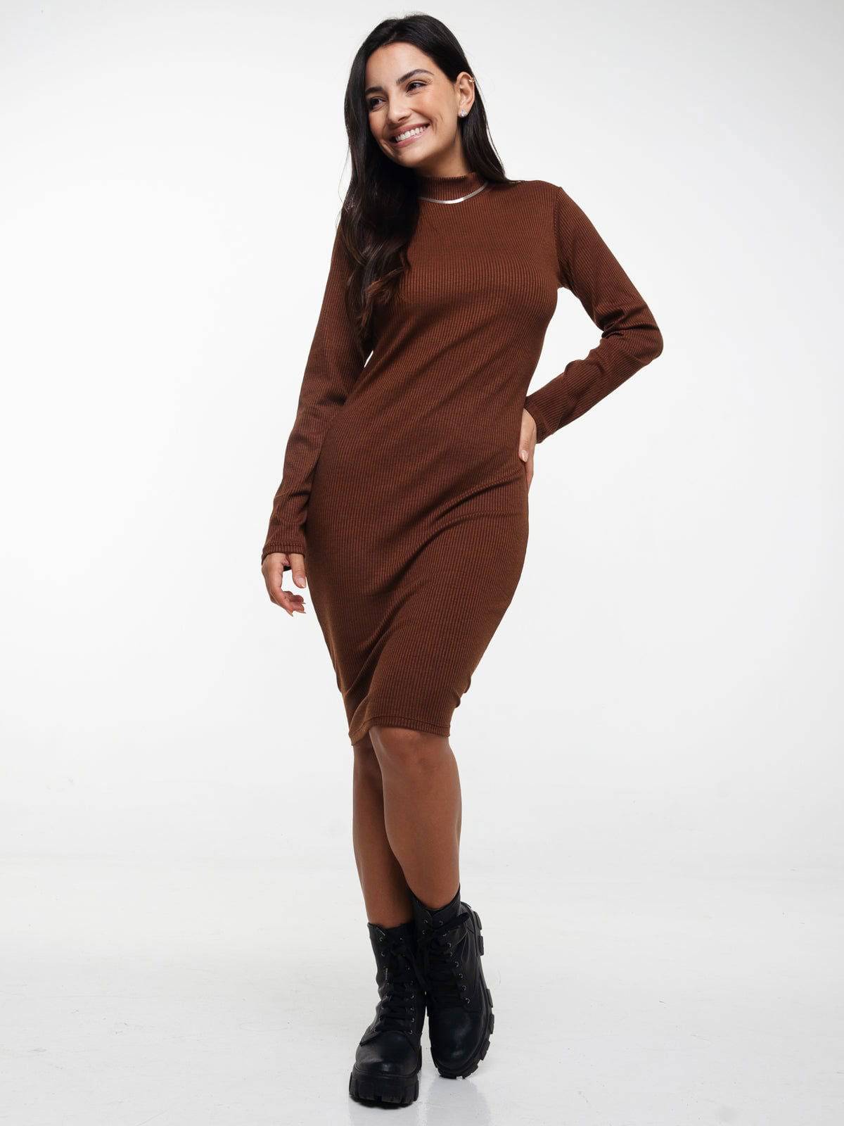 Vestido Midi Manga Longa Gola Alta Marrom - Vicbela