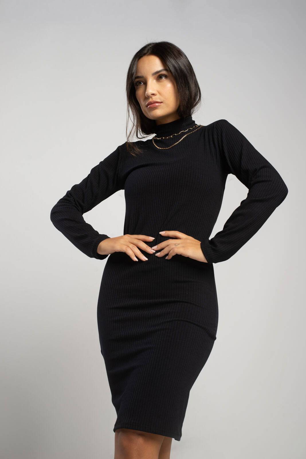 Vestido Midi Manga Longa Gola Alta Preto - Vicbela
