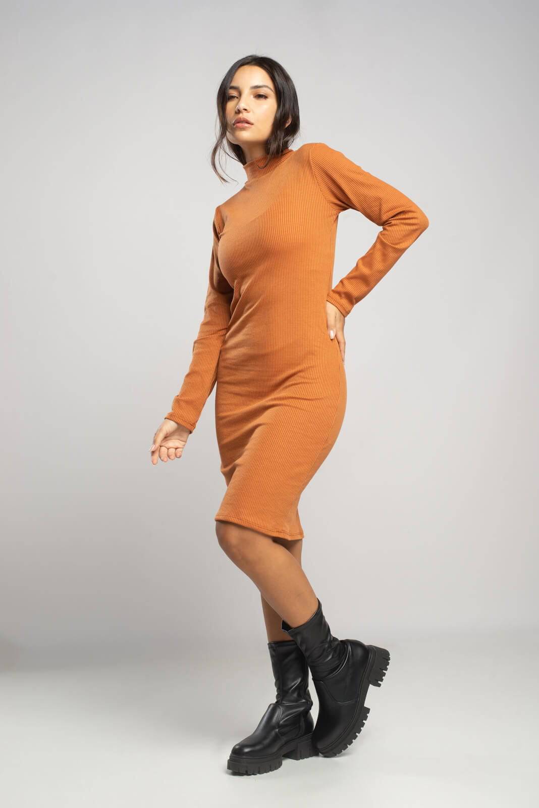 Vestido Midi Manga Longa Gola Alta Terracota - Vicbela