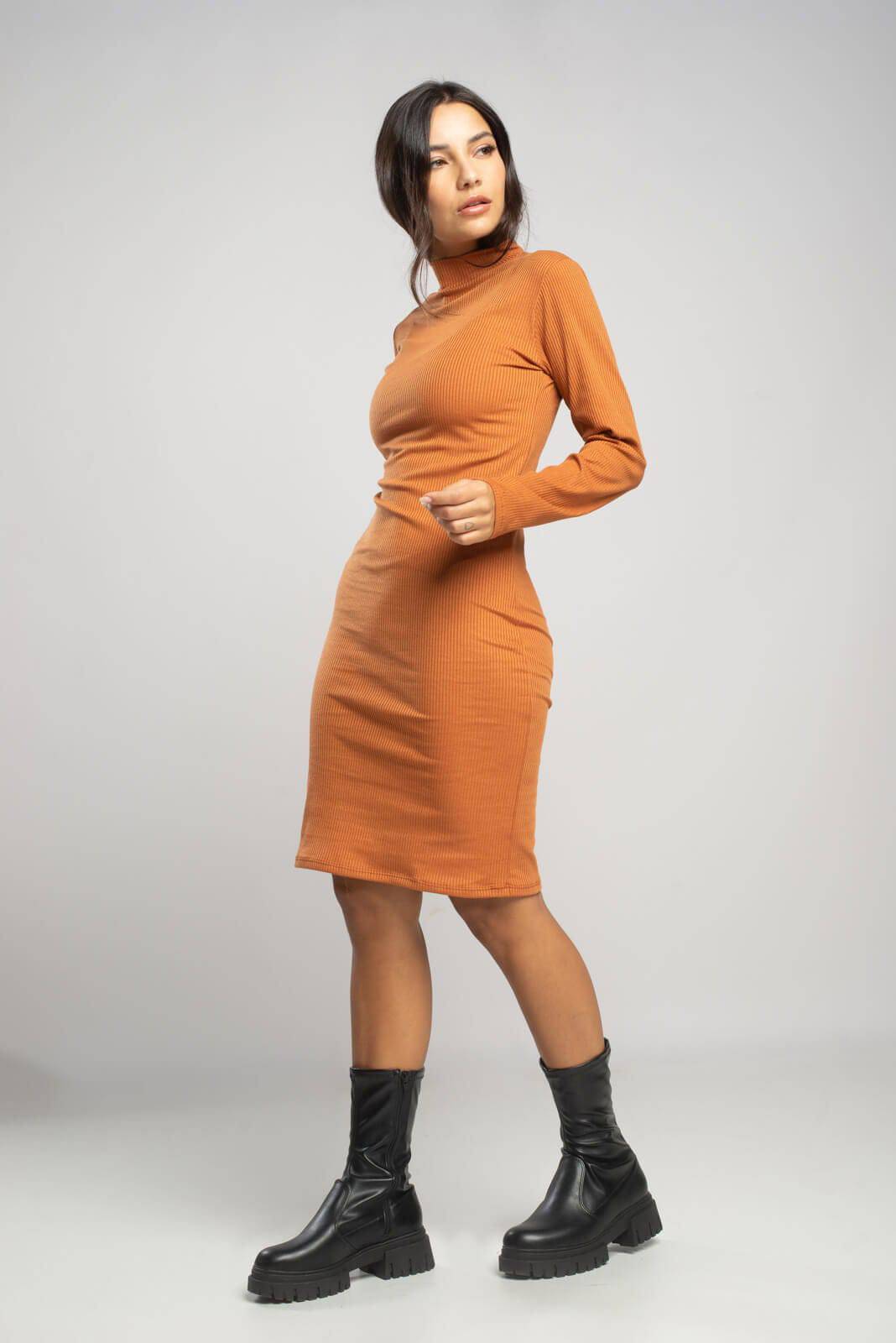 Vestido Midi Manga Longa Gola Alta Terracota - Vicbela
