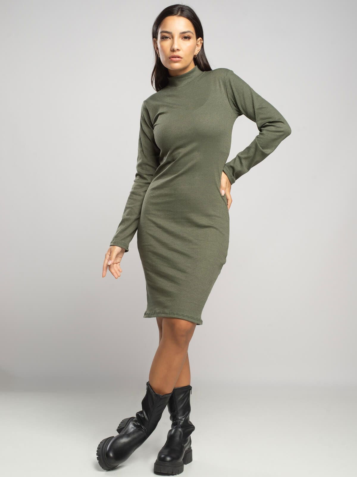 Vestido Midi Manga Longa Gola Alta Verde Militar - Vicbela