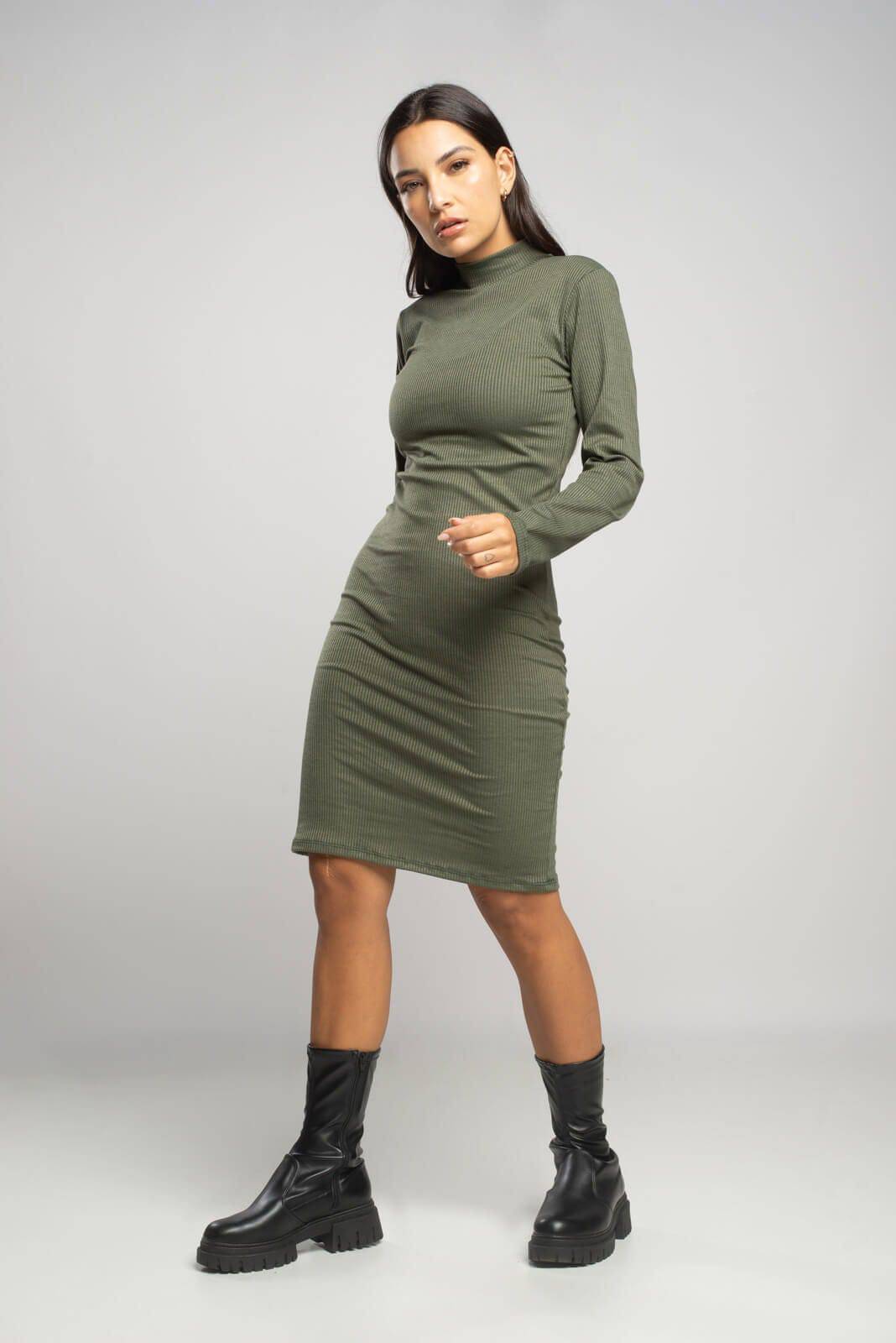 Vestido Midi Manga Longa Gola Alta Verde Militar - Vicbela