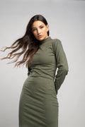 Vestido Midi Manga Longa Gola Alta Verde Militar - Vicbela