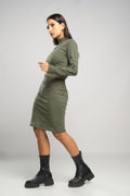 Vestido Midi Manga Longa Gola Alta Verde Militar - Vicbela