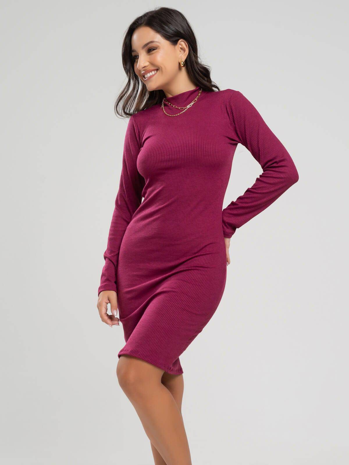 Vestido Midi Manga Longa Gola Alta Vinho - Vicbela