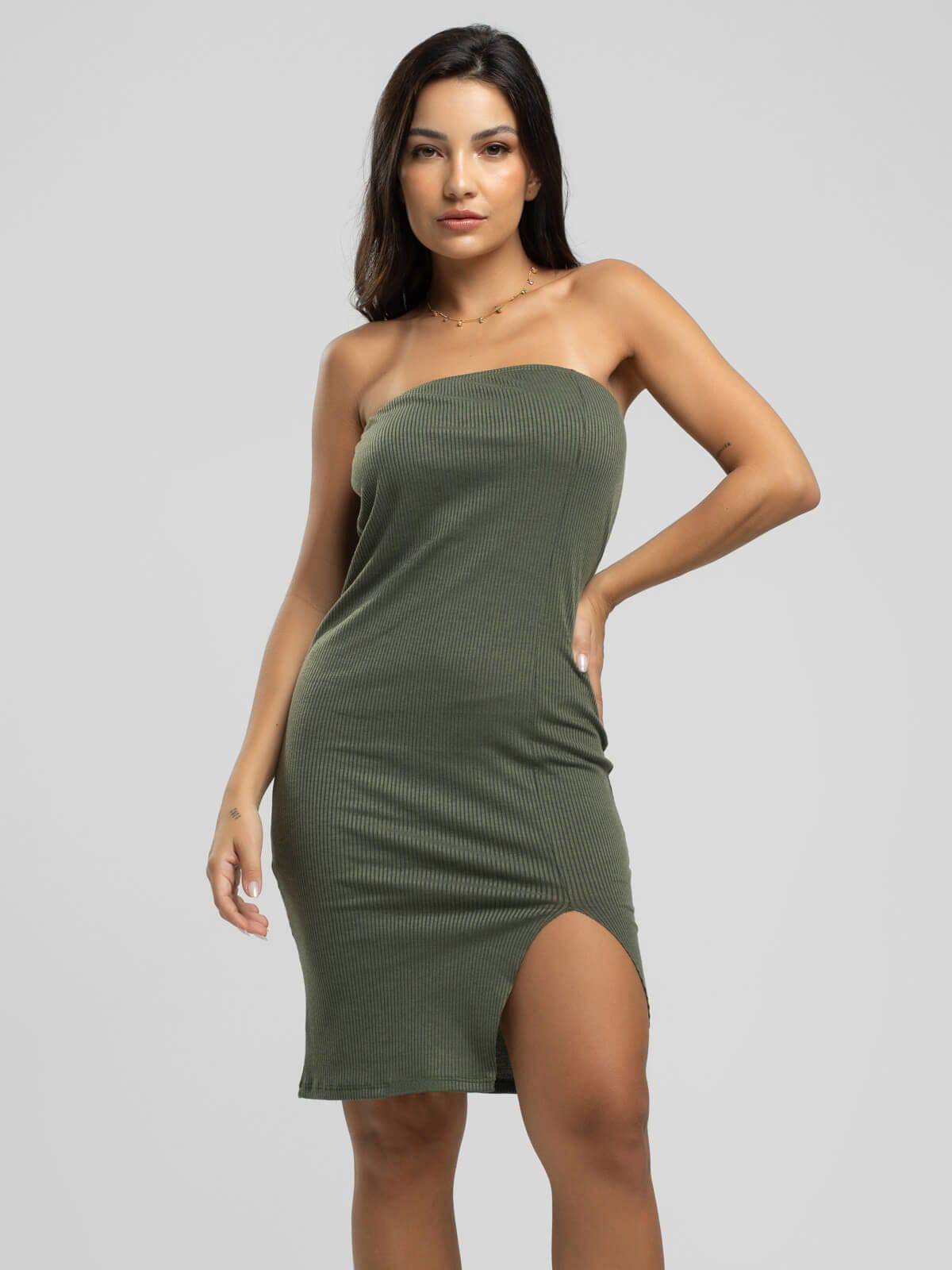Vestido Midi Tomara Que Caia Canelado Decote na Perna Verde - Vicbela