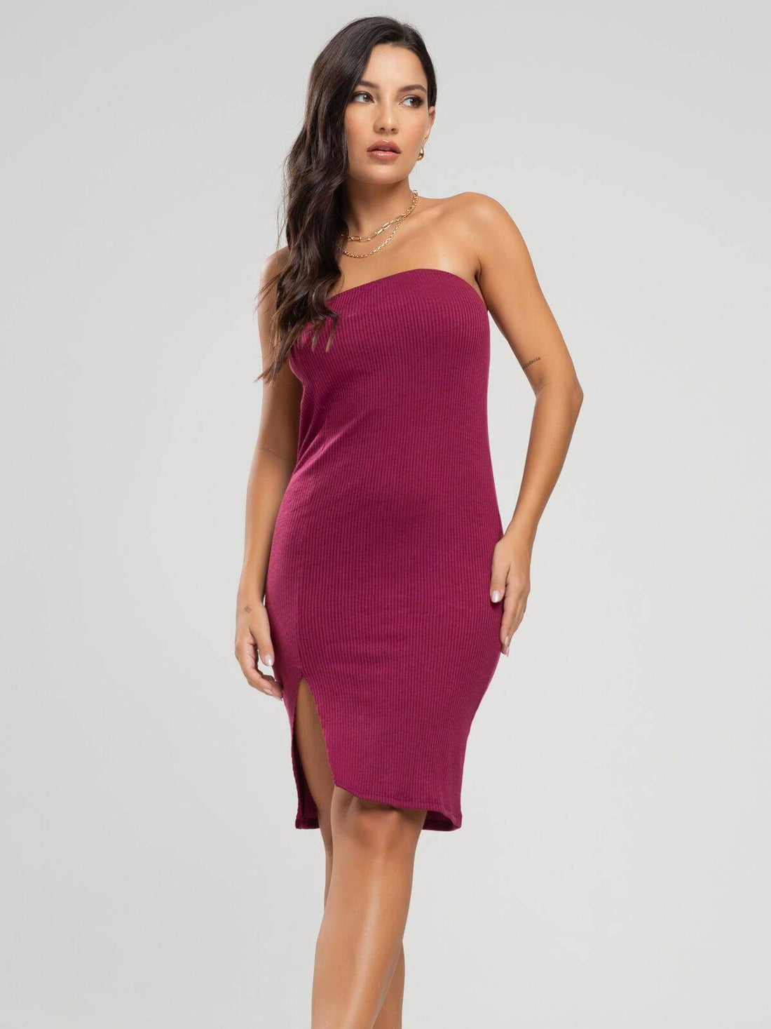 Vestido Midi Tomara Que Caia Canelado Decote na Perna Vinho - Vicbela