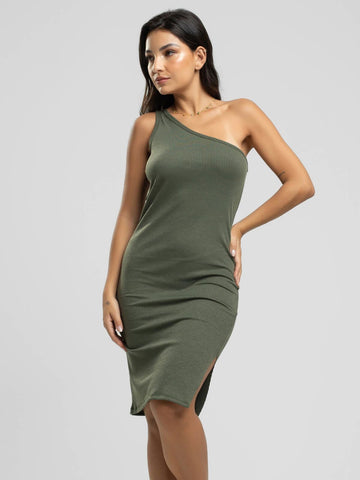 Vestido Midi Um Ombro Só Canelado Decote na Perna Verde - Vicbela