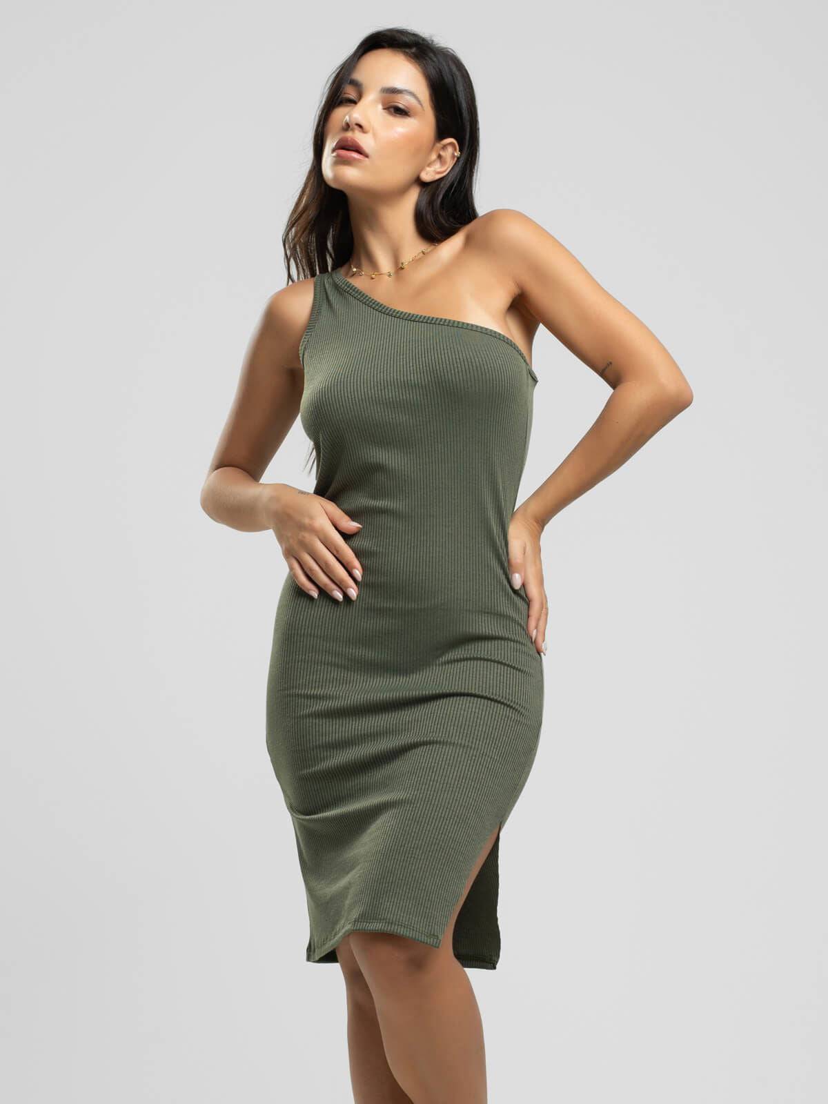 Vestido Midi Um Ombro Só Canelado Decote na Perna Verde - Vicbela