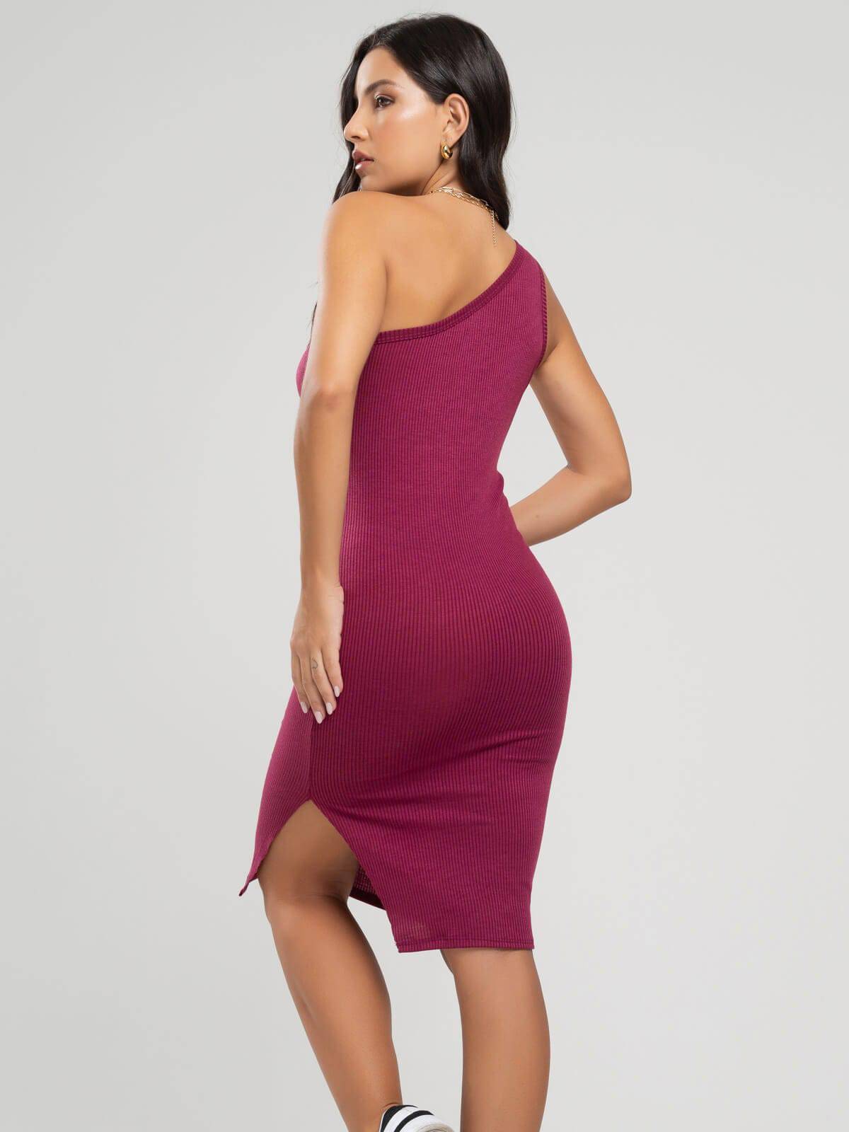 Vestido Midi Um Ombro Só Canelado Decote na Perna Vinho - Vicbela