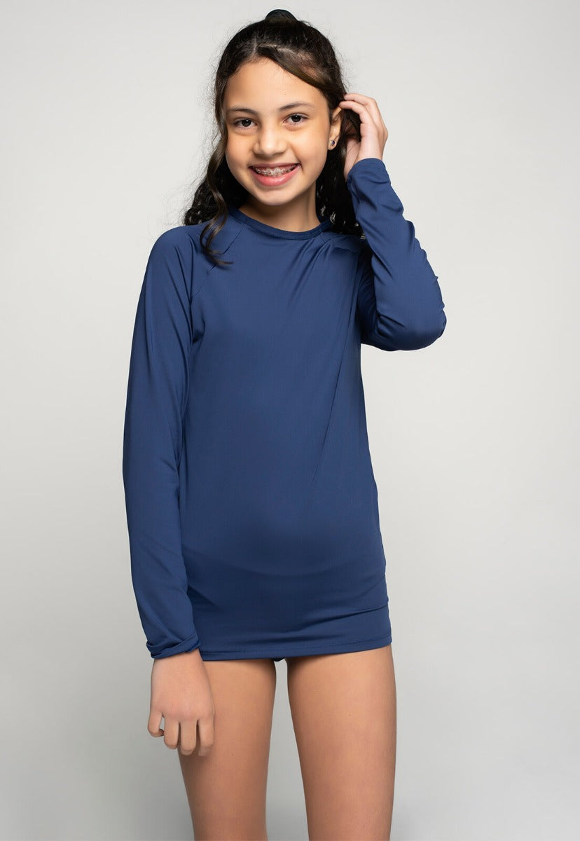 Blusa Proteção UV Infantil Feminina Lisa Azul - Vicbela