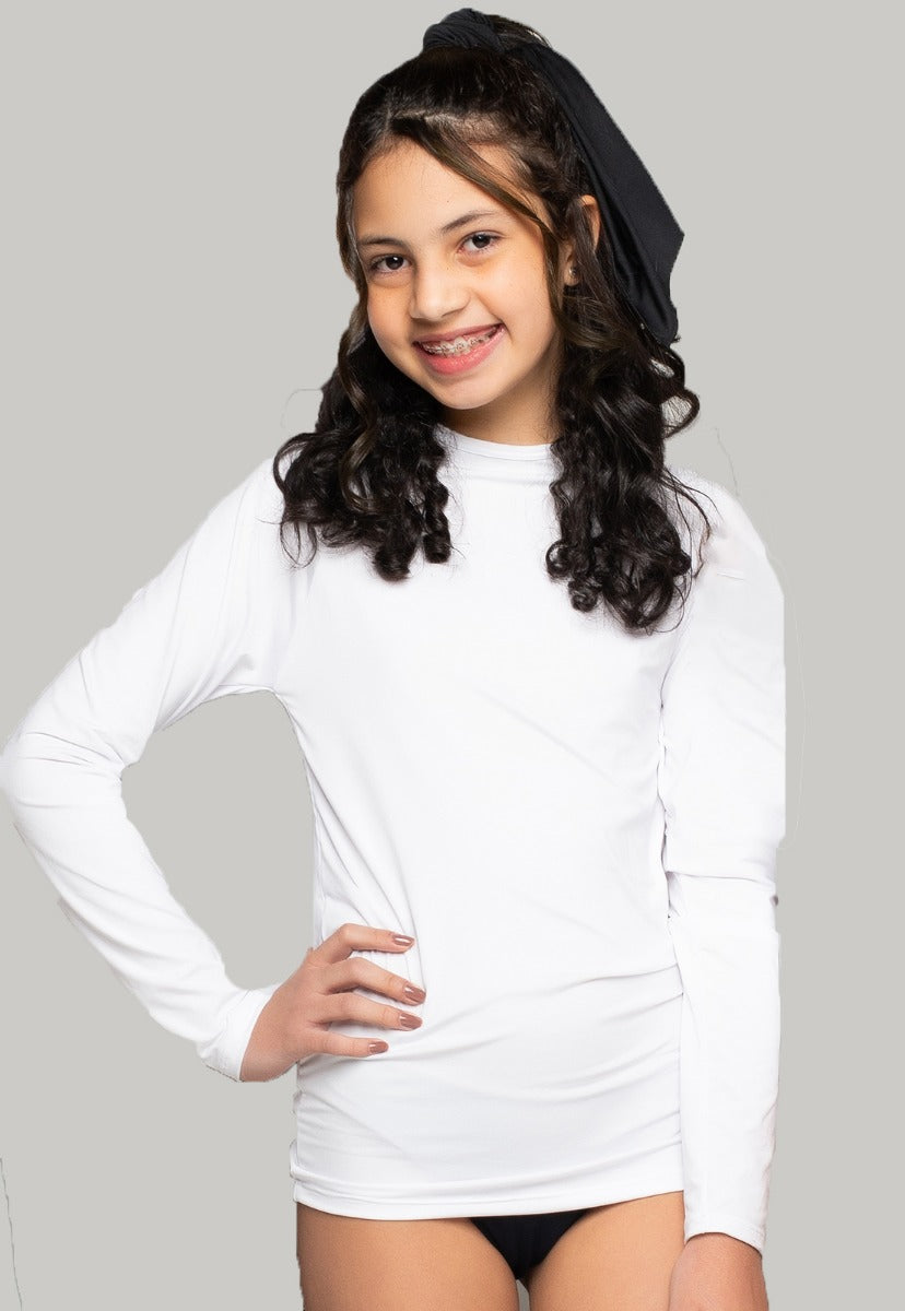 Blusa Proteção UV Infantil Feminina Lisa Branco - Vicbela